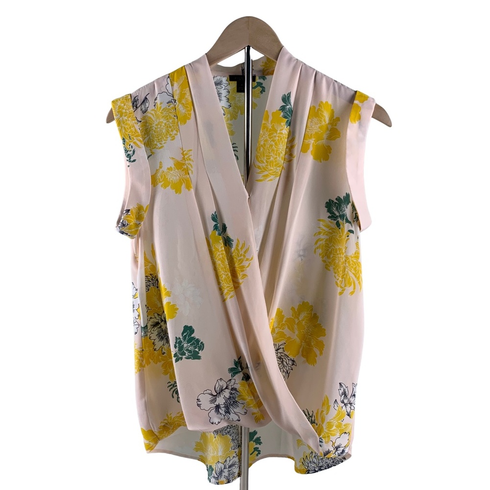 Floral Sleeveless Wrap Front Blouse Women XS High Low Semi Sheer Business Casual